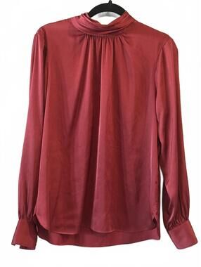 White House Black Market Burgundy Satin Mock Neck Blouse Size 12